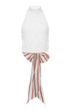 Rosie Assoulin Cropped Striped Cotton Poplin-trimmed Cable-knit Cotton Halterneck Top In Orange