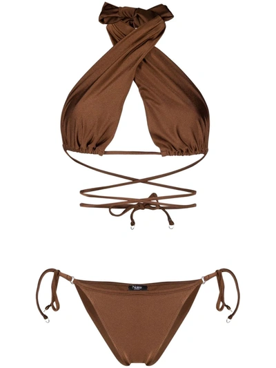 Noire Swimwear Cross Front Bikini Set In Brown