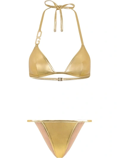 Dolce & Gabbana Triangle Bikini With Dg Logo In Metallic