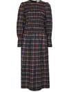 Ganni Shirred Checked Organic Cotton-blend Seersucker Midi Dress In Green