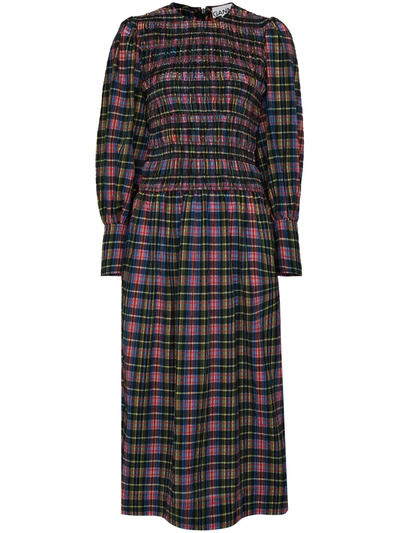 GANNI SEERSUCKER SMOCKED MIDI DRESS