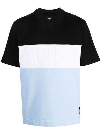 Fendi Embossed-logo Striped T-shirt In Light Blue