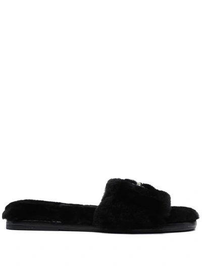 Tory Burch Double T Shearling Slide In Black