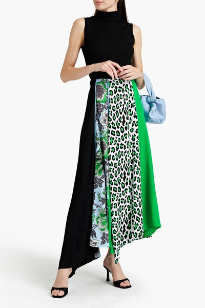 Diane Von Furstenberg Jeffrey Patchwork-effect Printed Satin, Crepe And Crepe De Chine Midi Skirt In Green