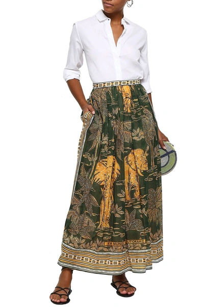 Valentino Gathered Printed Cotton-mousseline Maxi Skirt In Green