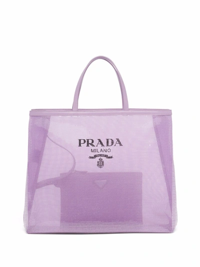Prada Logo印花亮片网面托特包 In Purple
