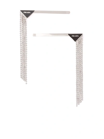 Prada Rhinestone-embellished Triangle Logo Hairpin Set In Silver