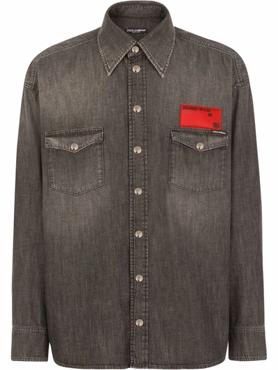 Dolce & Gabbana Gray Wash Denim Shirt With Patch Embellishment In Grey