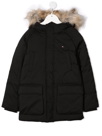 Tommy Hilfiger Junior Kids' Logo Hooded Parka Coat In Black