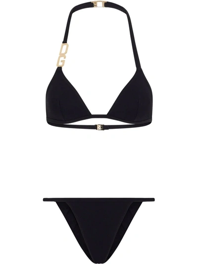 Dolce & Gabbana Dg Plaque Triangle Bikini Set In Black