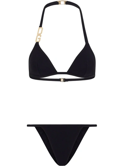 Dolce & Gabbana Jersey Triangle Bikini Set W/ Logo In Black
