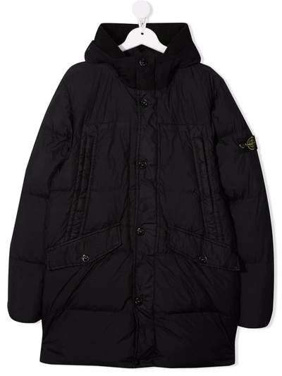 Stone Island Teen Logo Patch Padded Coat In Black