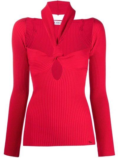 Attico Cutout Ribbed-knit Halterneck Sweater In Red