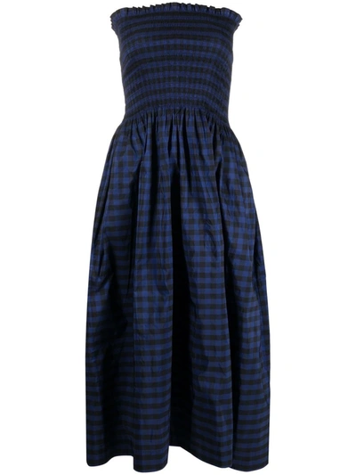 Molly Goddard Tippi Strapless Shirred Gingham Taffeta Midi Dress In Blue