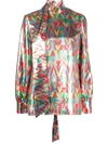 Valentino Metallic V-logo Print Neck-tie Blouse In Red