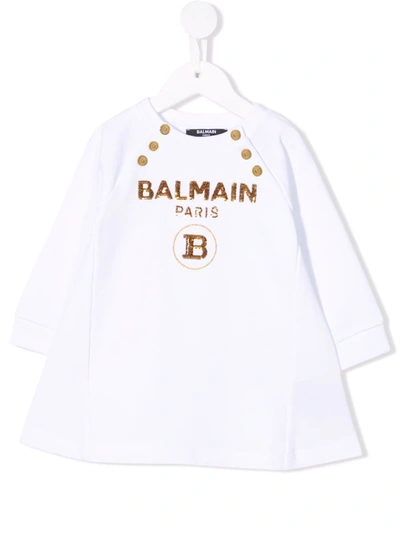 Balmain Babies' Logo印花连衣裙 In Bianco