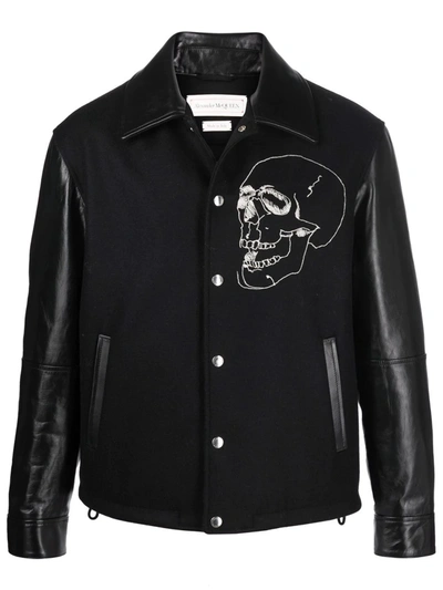 Alexander Mcqueen Skull Embroidered Letterman Jacket In Black