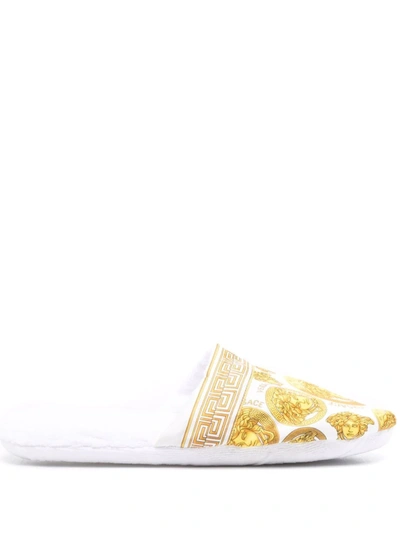 Versace White Medusa Amplified Slippers In Pink