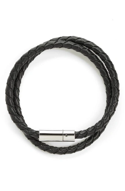 Nordstrom Braided Leather Wrap Bracelet In Black- Silver