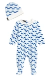 Versace Kids' La Greca Monogram Print Stretch Cotton Footie & Hat Set In 5u110 Blue Light Blue