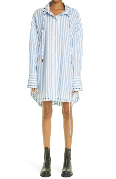 Monse Striped Lace-embellished Cotton-poplin Shirt Mini Dress In Sky Blue White