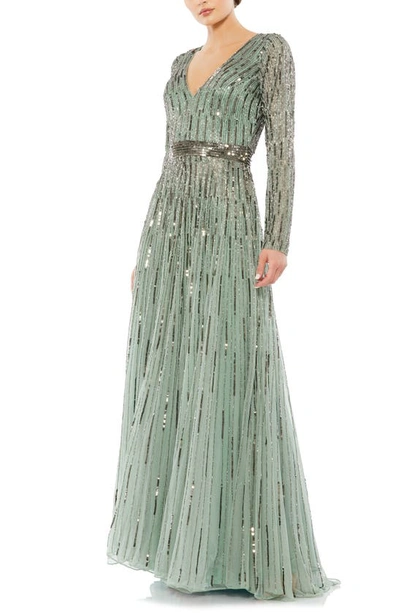 Mac Duggal Sequin & Bead Stripe Long Sleeve Mesh Gown In Sage