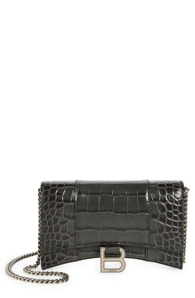 Balenciaga Hourglass Croc Embossed Leather Wallet On A Chain In 1309 Dark Grey