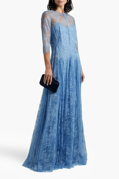 Lela Rose Pleated Chantilly Lace Gown In Light Blue | ModeSens