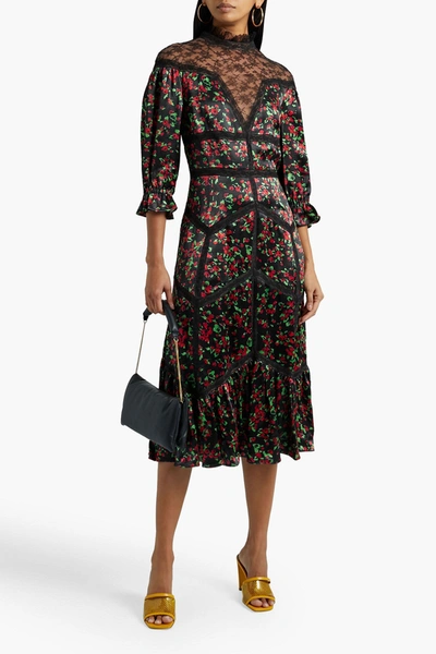 Valentino Chantilly Lace-paneled Floral-print Hammered-satin Midi Dress In Black