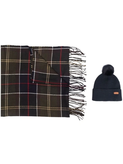 Barbour Tartan Scarf And Hat Set In Blue