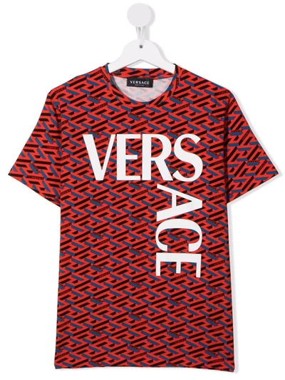 Versace Teen Logo Crew-neck T-shirt In Arancio/blu