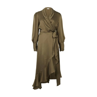 Zimmermann Ruffled Silk-satin Wrap Midi Dress In Khaki