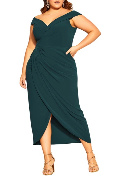 City Chic Ripple Love Off The Shoulder Maxi Dress In Emerald