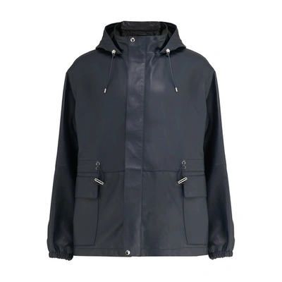 Loewe Black Hooded Leather Jacket In Navy Black