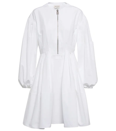 Alexander Mcqueen Zip-front Pleated Cotton-poplin Mini Dress In White