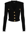 Balmain Black Ribbed Cardigan With Shoulder Pads And Logoed Metal Buttons In Black