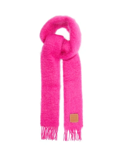 Loewe Leather-trimmed Fringed Mohair-blend Scarf In Pink