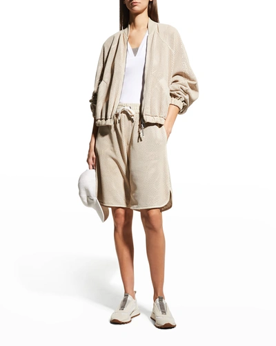 Brunello Cucinelli Perforated Suede Leather Bomber Jacket In C7872 Soft Beige