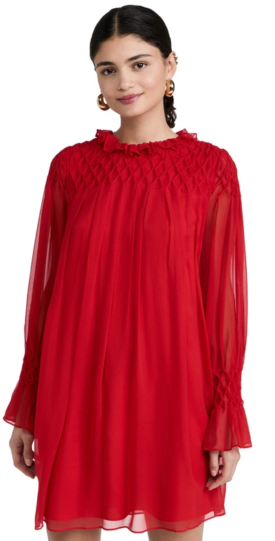 Rebecca Taylor Smocked Silk Long Sleeve Minidress In Scarlet