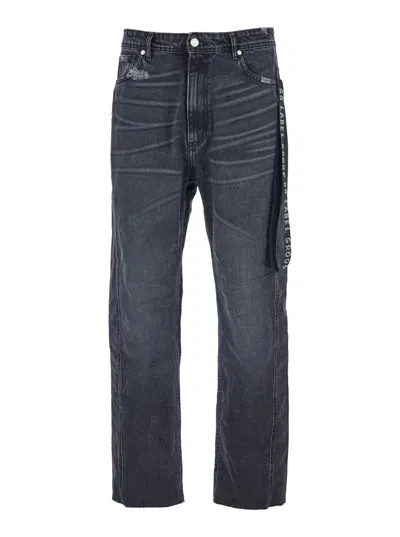 44 LABEL GROUP BLACK JEANS WITH LOGO PATCH ON THE REAR AND SIDE STRAP WITH LOGO IN DENIM MAN