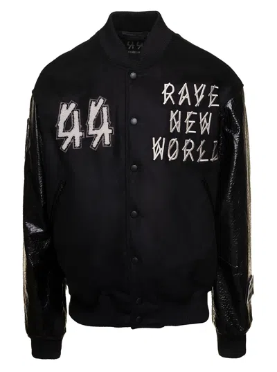 44 Label Group Black Varsity Jacket With Faux Leather Sleeves And Logo Patch Man