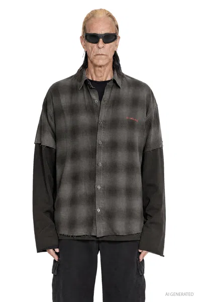 44 Label Group Darkened Flannel Double Shirt Tee In Gray