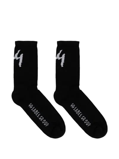 44 Label Group Logo-intarsia Ribbed-knit Socks In Black