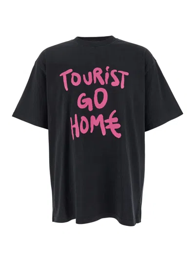 44 LABEL GROUP TOURIST BLACK CREWNECK T-SHIRT WITH MAXI PRINT ON FRONT AND REAR IN COTTON MAN
