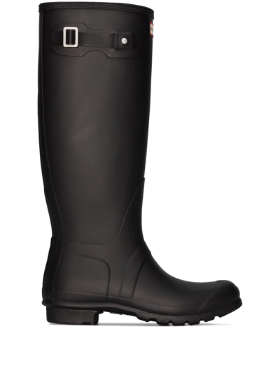 Hunter Womens Embossed Side Buckled Round Toe Mid-calf Rainboots Black