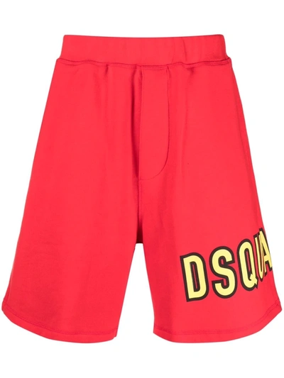 Dsquared2 Logo Print Cotton Jersey Sweat Shorts In Red