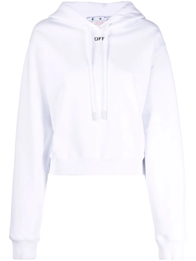 Off-white Stamp Logo Crop Cotton Hoodie In White Black