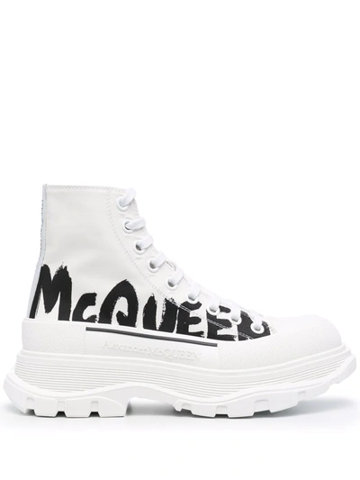 Alexander Mcqueen Men's Tread Slick Graffiti Logo Leather Lace-up Boots In White Black