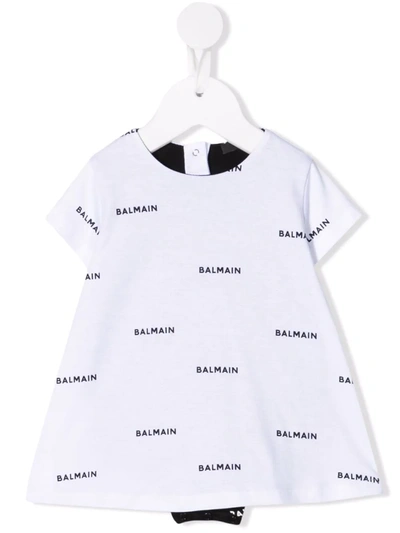 Balmain White Dress For Baby Girl With Logos