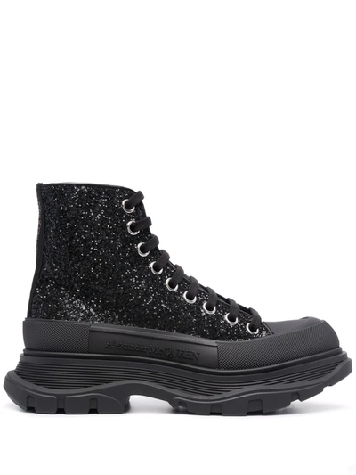 Alexander Mcqueen Tread Slick Glitter Ankle Boots In Black